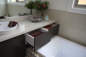 Custom made allows us to utilising under benchtop storage between bath and vanity
